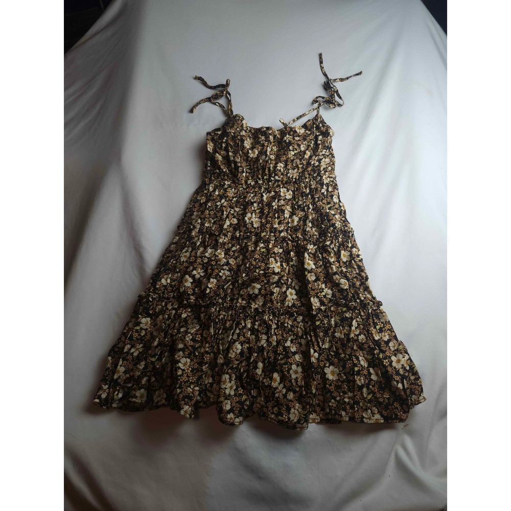 Altar'd State Floral Tiered Mini Dress Tie Shoulder Cream Tan Womens Small